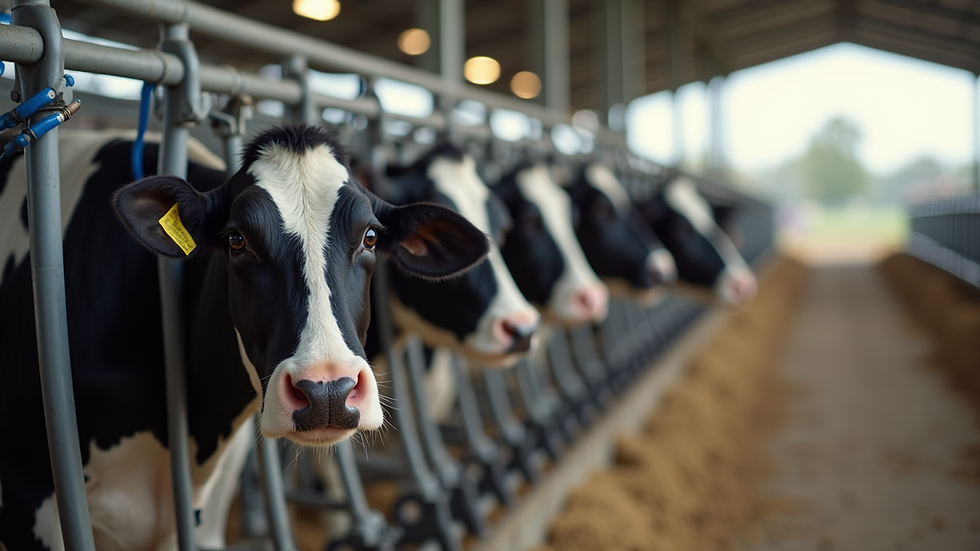Close-up view of a modern dairy farm with automated milking machines