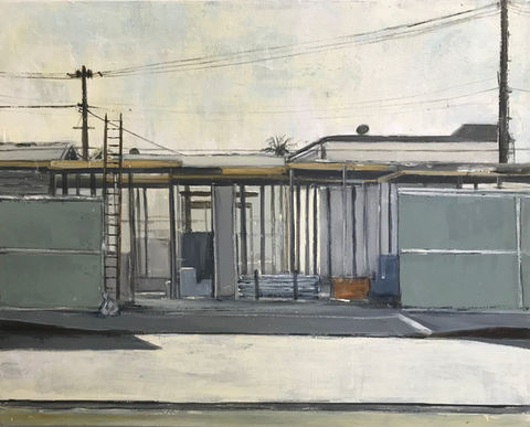 construction site, morning light, painting of cityscape,