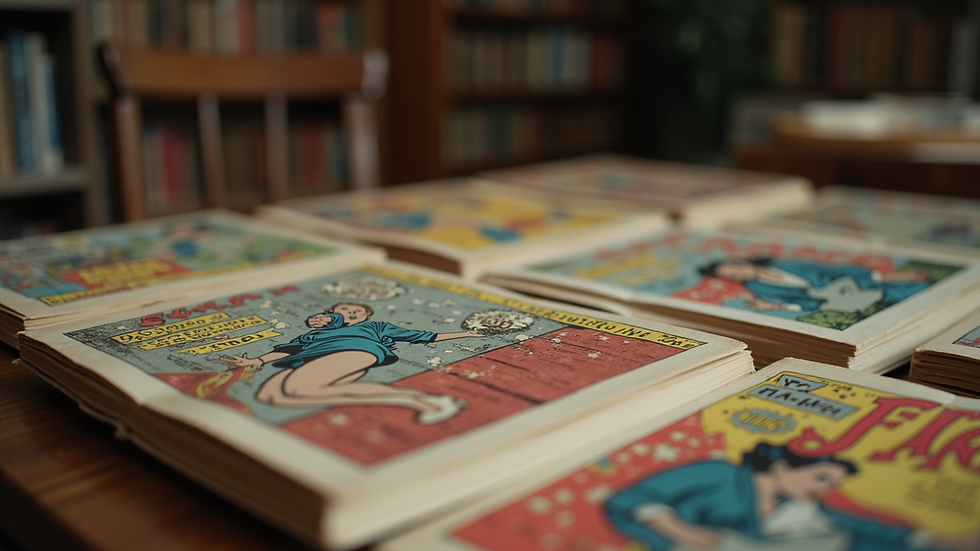 Close-up view of vintage comic books arranged on a wooden table