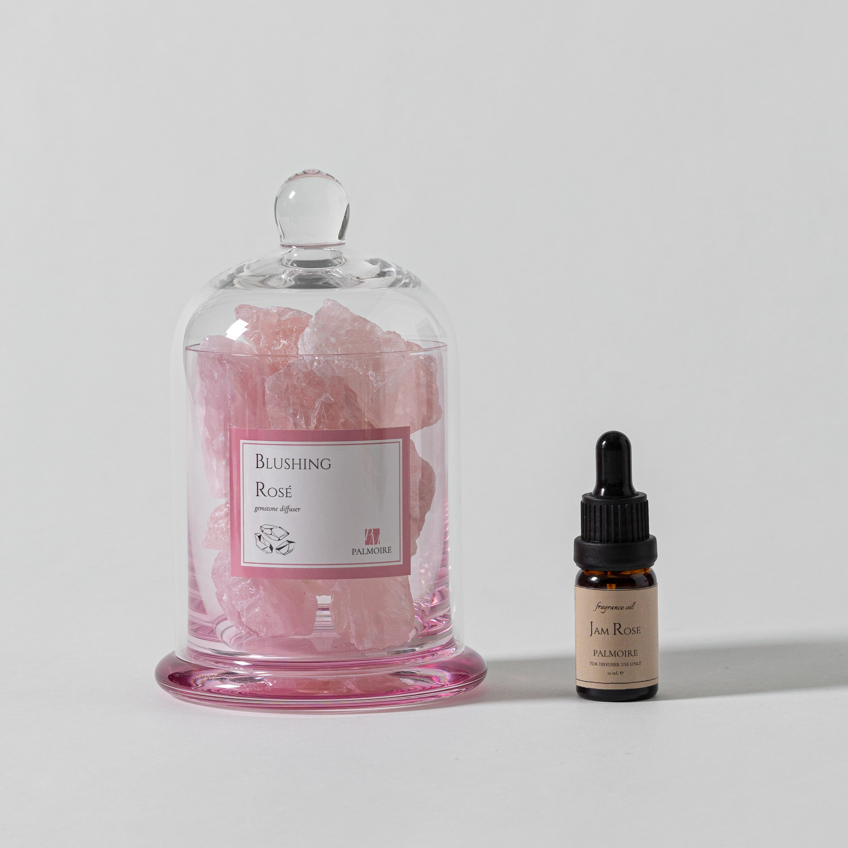 Blushing Rosé gemstone diffuser with pink stones and Jam Rose fragrance oil