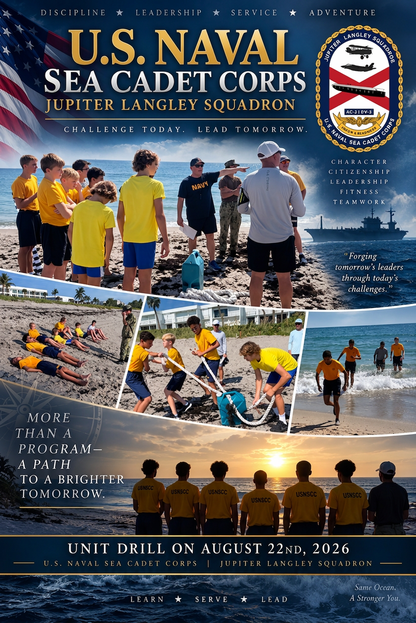 Jupiter Langley Squadron sea cadets unit drill flyer, August 22, 2026, showing beach training in Jupiter, FL