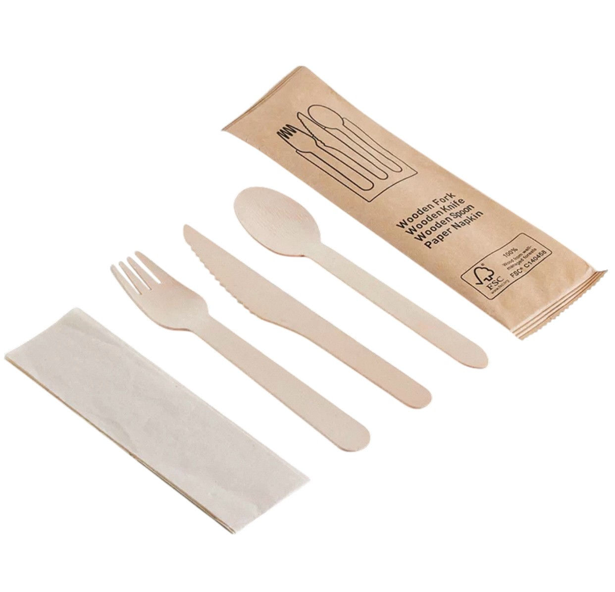 Wooden cutlery set – fork, knife, spoon, napkin – in eco packaging - for catering and takeaway
