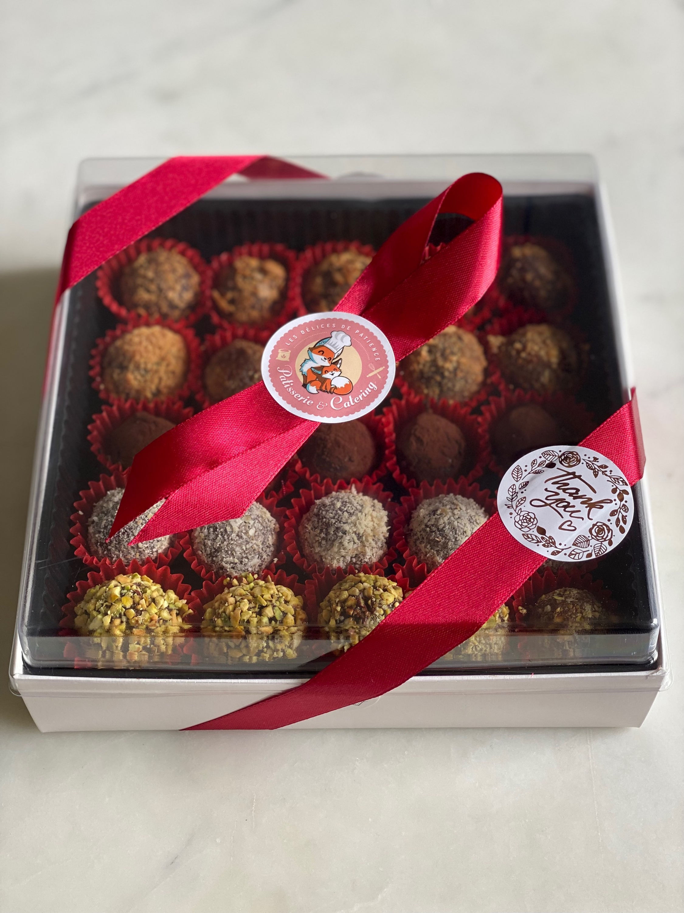 Hand-rolled dark chocolate truffles coated with pistachio, hazelnut, coconut and cacao – Les Délices de Patience, Hong Kong