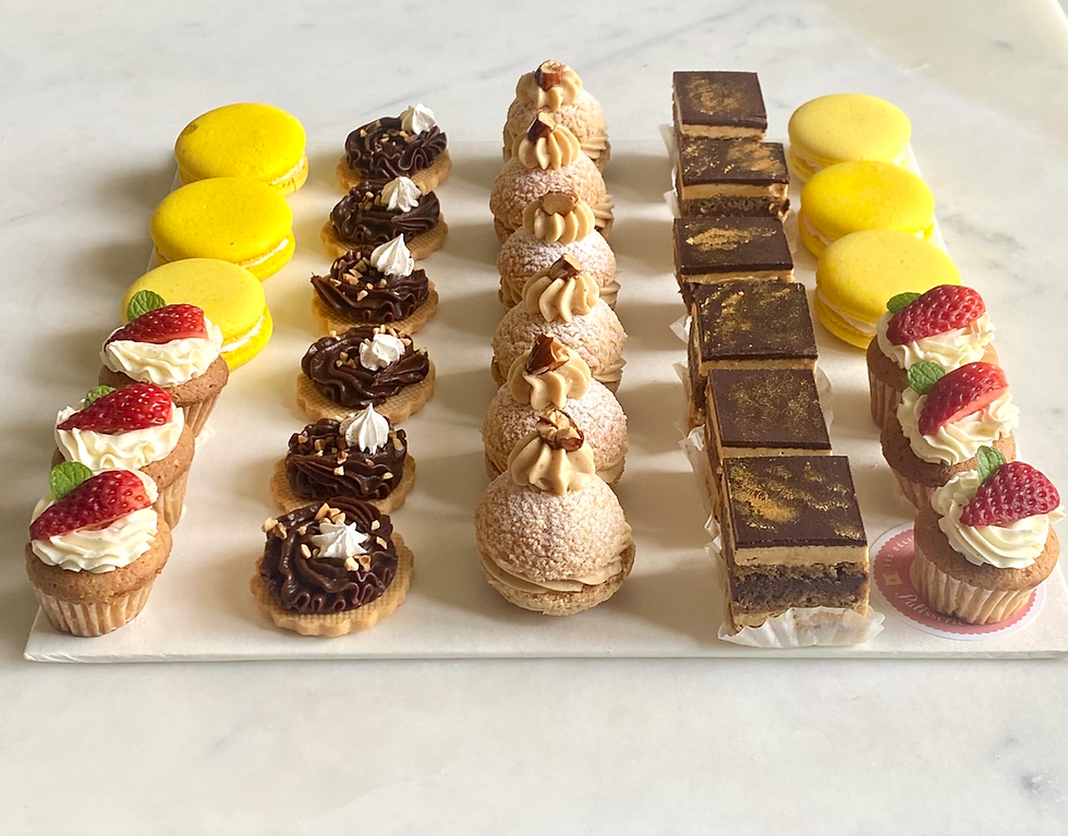 Mini pastries platters 30 pcs macarons, mini cupcakes, mini opera, mini choux hazelnut, mini chocolate ganache tartlets
