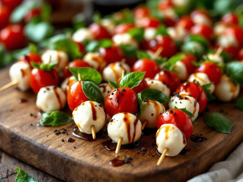 Caprese skewers cherry tomatoes, basil, mini mozzarella balls, with balsamic vinegar caramel, pepper