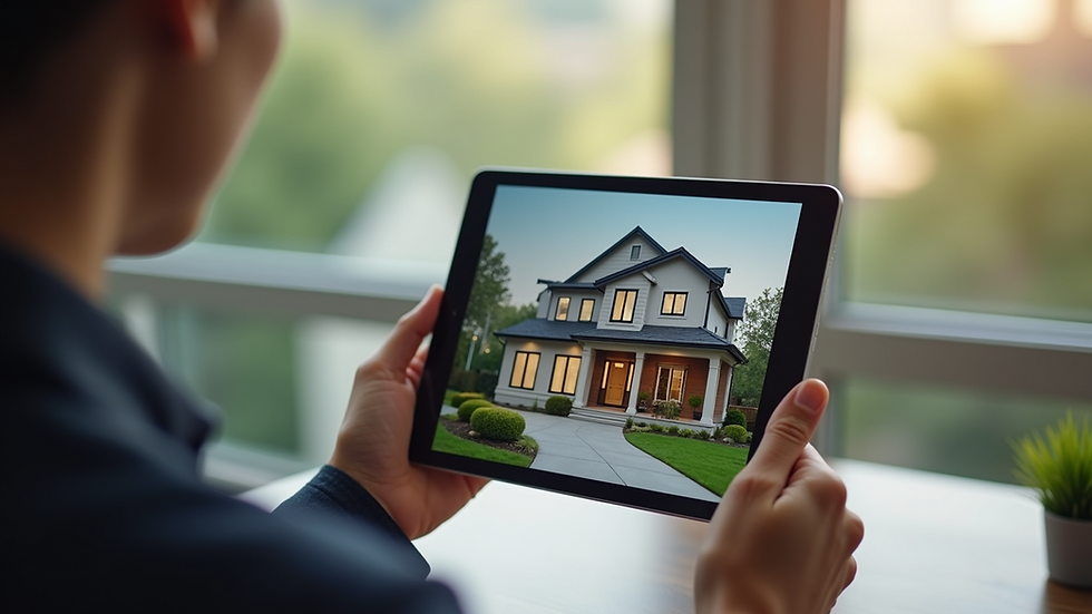 Close-up view of a real estate agent showing a home listing on a tablet