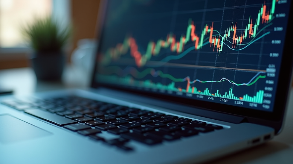 Eye-level view of a laptop displaying financial charts and graphs