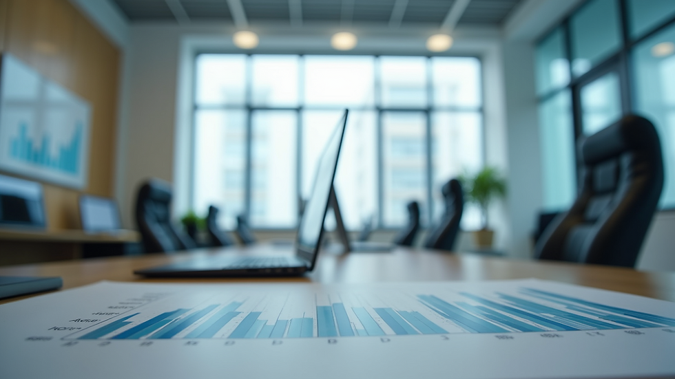 Eye-level view of a modern office workspace with digital growth charts