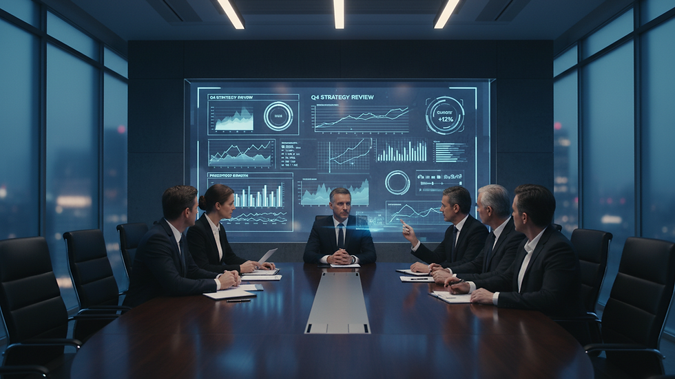 Eye-level view of a modern office meeting room with a digital dashboard