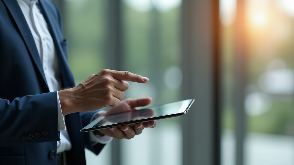 Close-up view of a consultant presenting growth strategy on a digital tablet