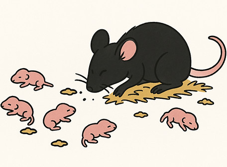 This image uses a cartoon mouse to illustrate a common response to postpartum stress: maternal neglect. Here the pups are scattered and the mom is digging instead of engaging in maternal care behaviors.
