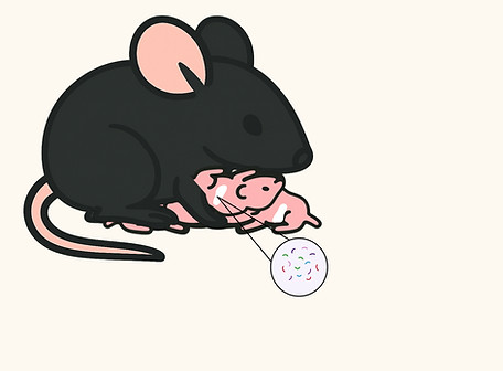 This image is a cartoon of a mouse mother nursing in which the pups are visible and milk is present in the belly. Milk can be analyzed to determine if medication transfered from mother to pup.