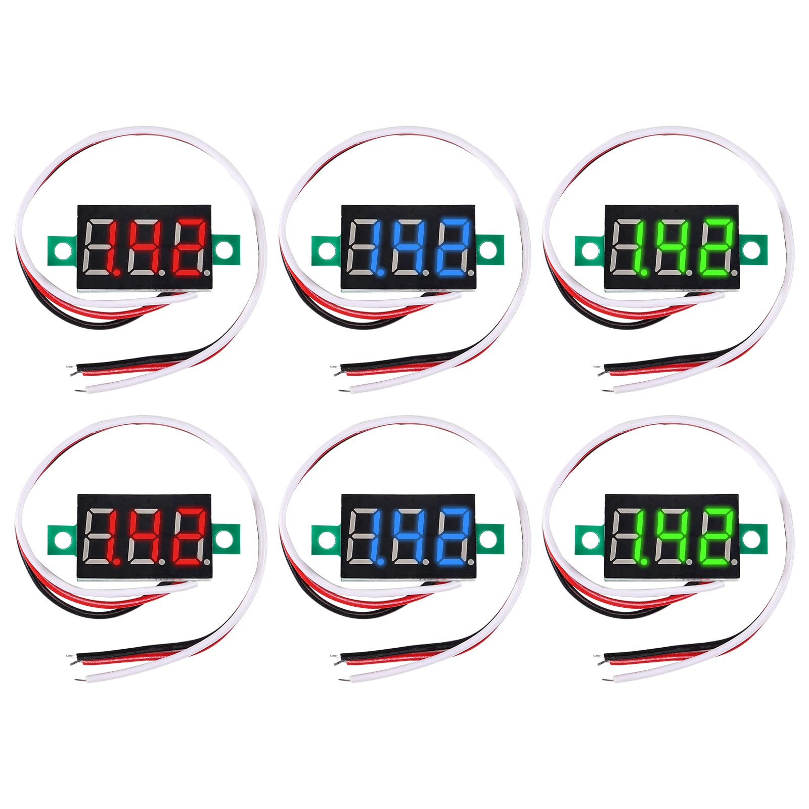 6PCS 3-Wire LED Voltmeter Tester - Blue/Red/Green DC 0-30V Display