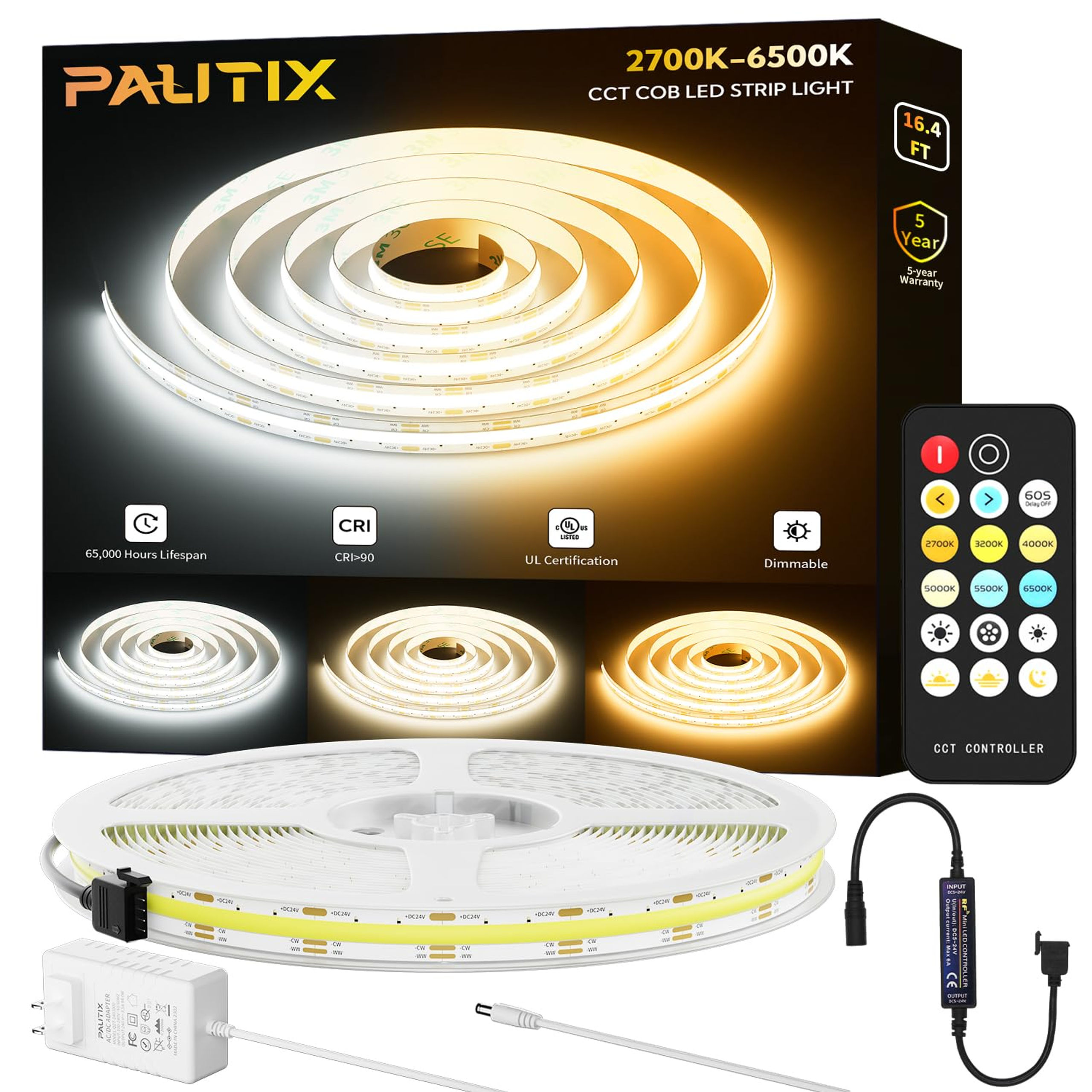PAUTIX COB LED Strip CCT Tunable UL-Listed Lights 2700K-6500K White Dotless