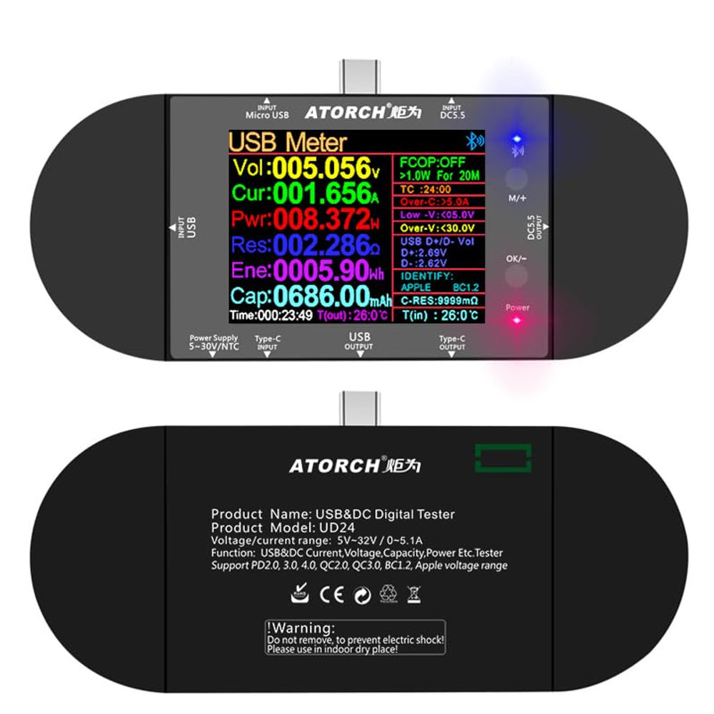 UD24 5-32V 5.1A USB Power Meter IPS Color Screen DC5.5 Type-C Digital Multimeter