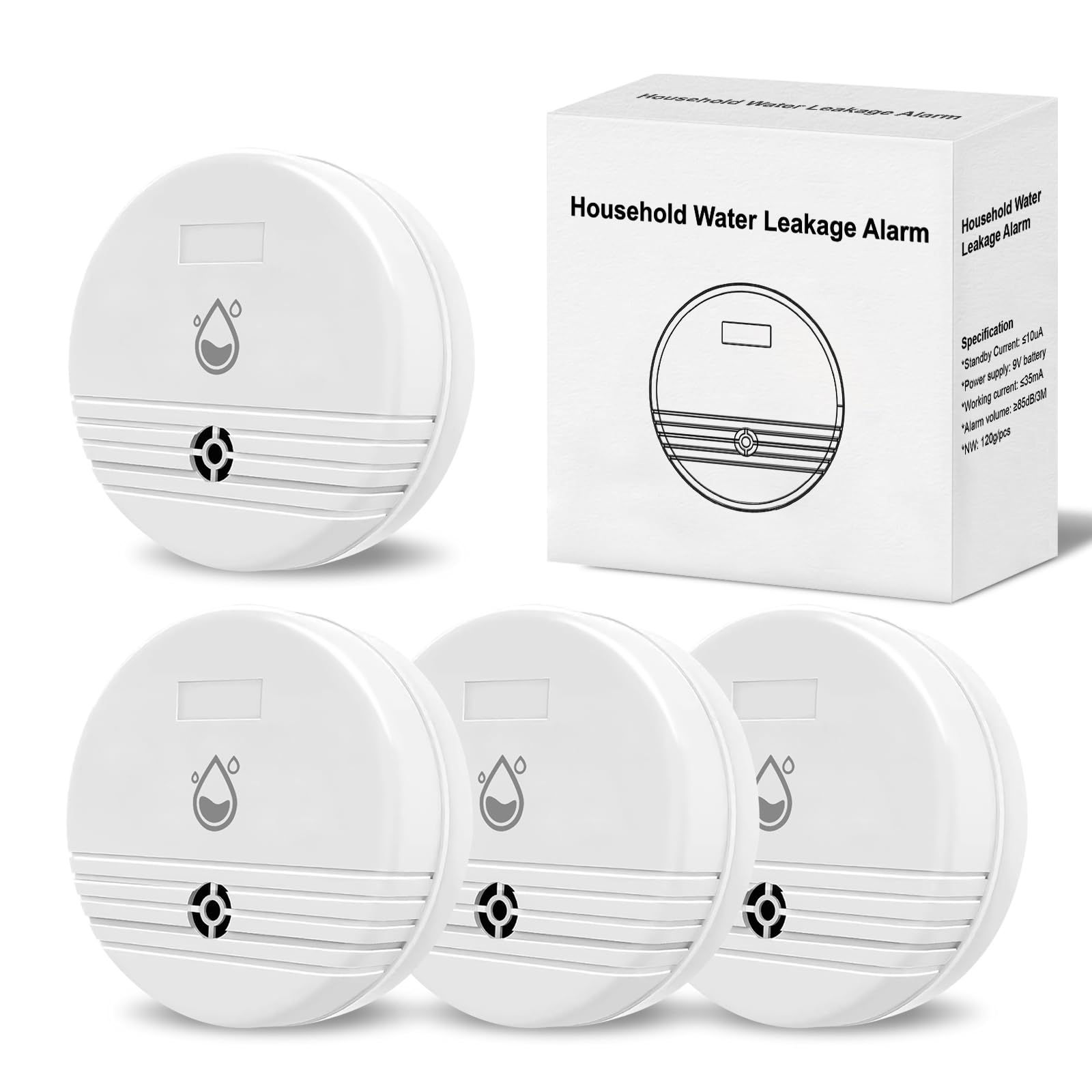 Water Leak Detector Lound Sound Sensor 4 Packs, Alarm, Overflow Wet Alert
