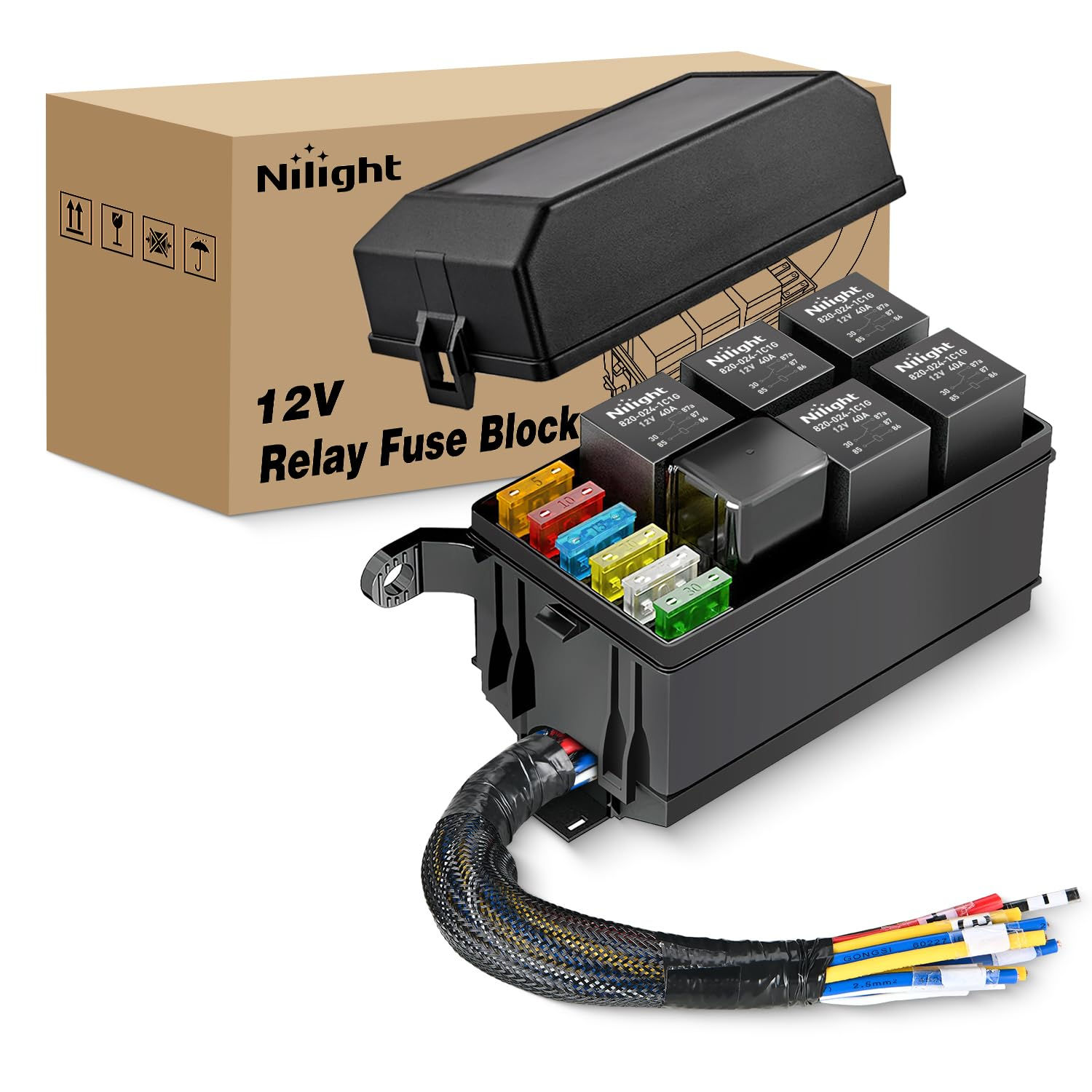 Nilight Fuse Relay Box Relays Slots ATC/ATO 12V 6 Pre-Wired Blade Fuse