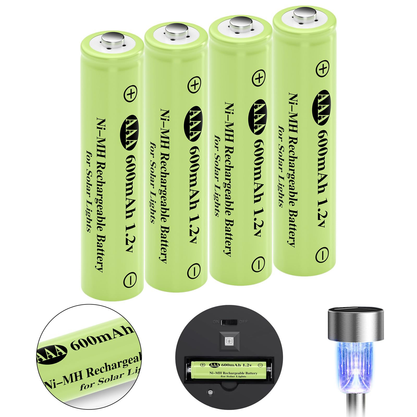 Rechargeable AAA Batteries 600mAh for Solar Lights, 4-Pack, AAA 600mAh