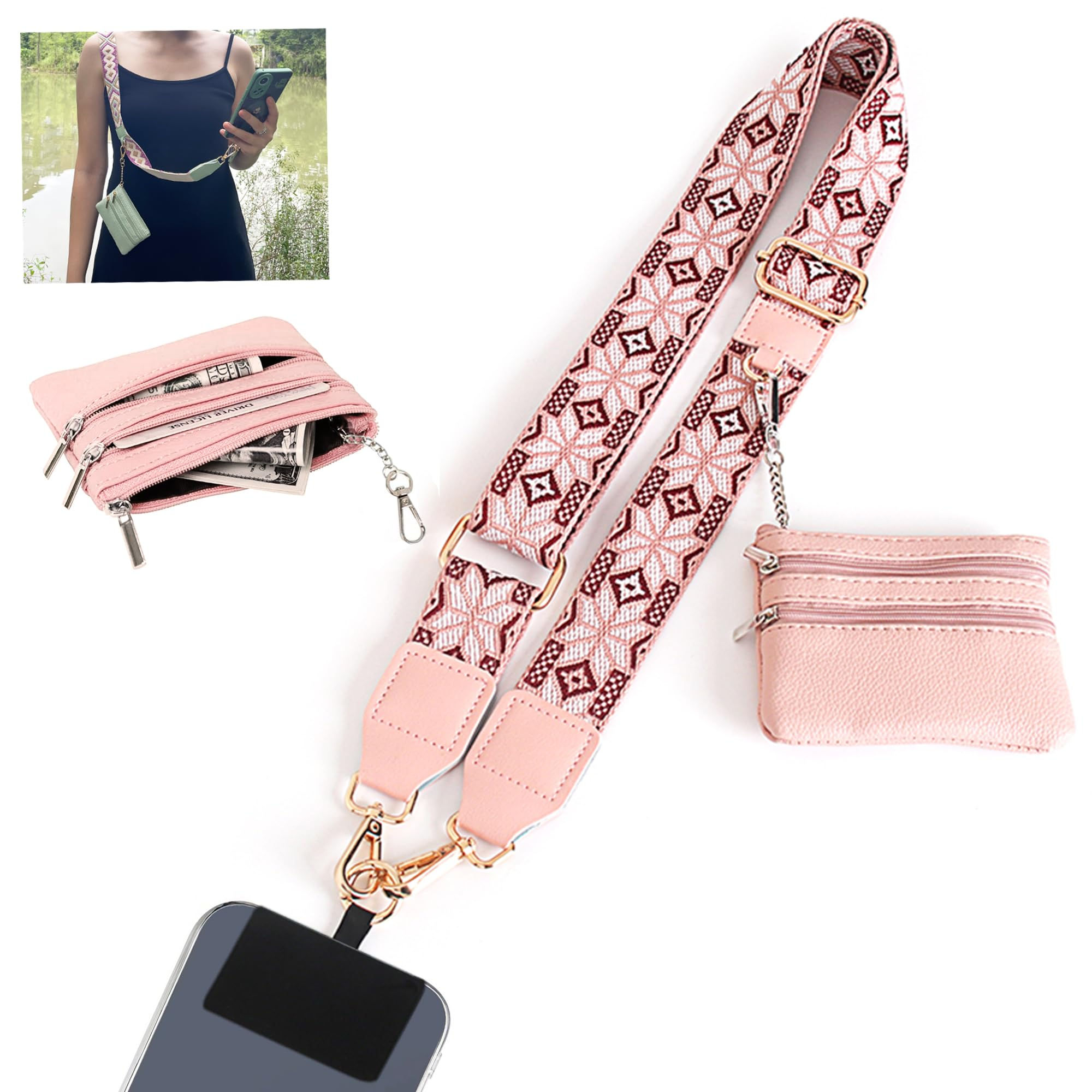 Phone Strap with Wallet, Adjustable Crossbody for All Phones, Pink