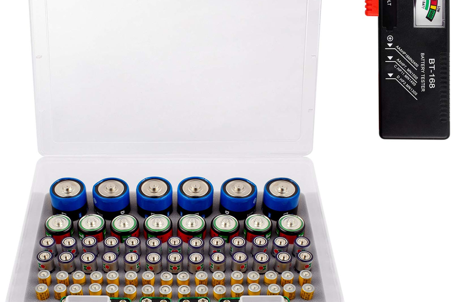 Battery Organizer Box with Tester for AA AAA C D 9V, Transparent Storage Case