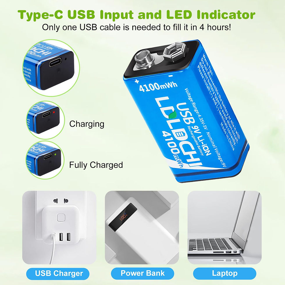 Thumbnail: Rechargeable 9V Batteries (4100mWh) with 4-in-1 Charging Cable, 4-Pack, 6F22