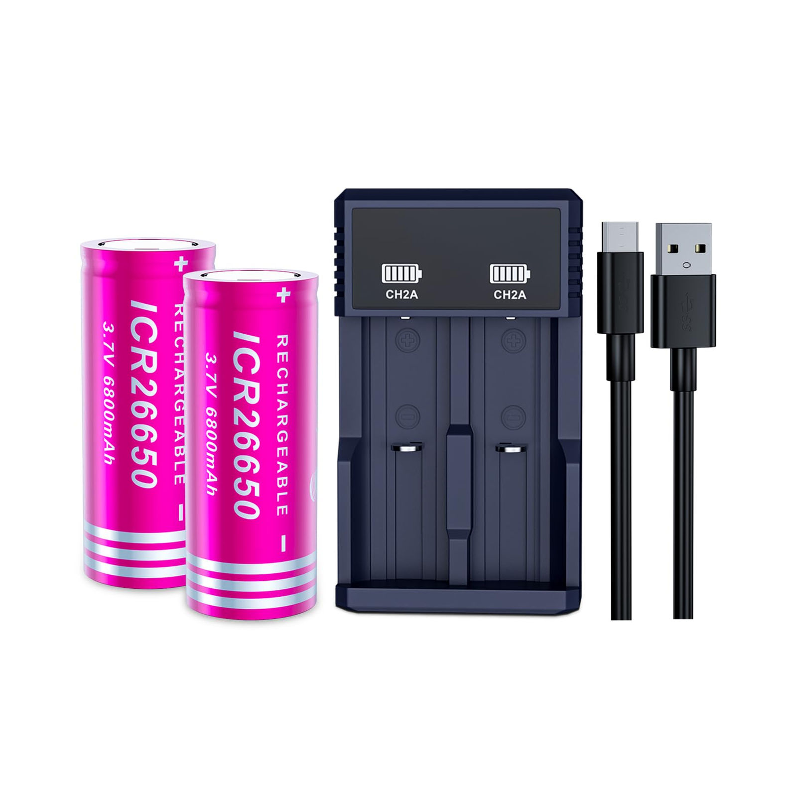 26650 Rechargeable Batteries, 2-Pack 6800mAh with Charger for Flashlights