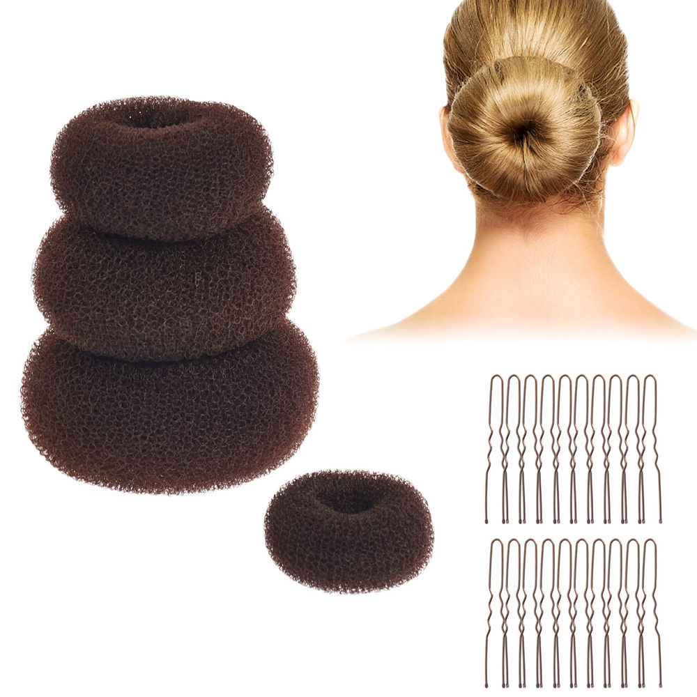 Hair Bun Maker Kit, 4 Brown Donuts with 20 Hair Pins, Ballet Accessories