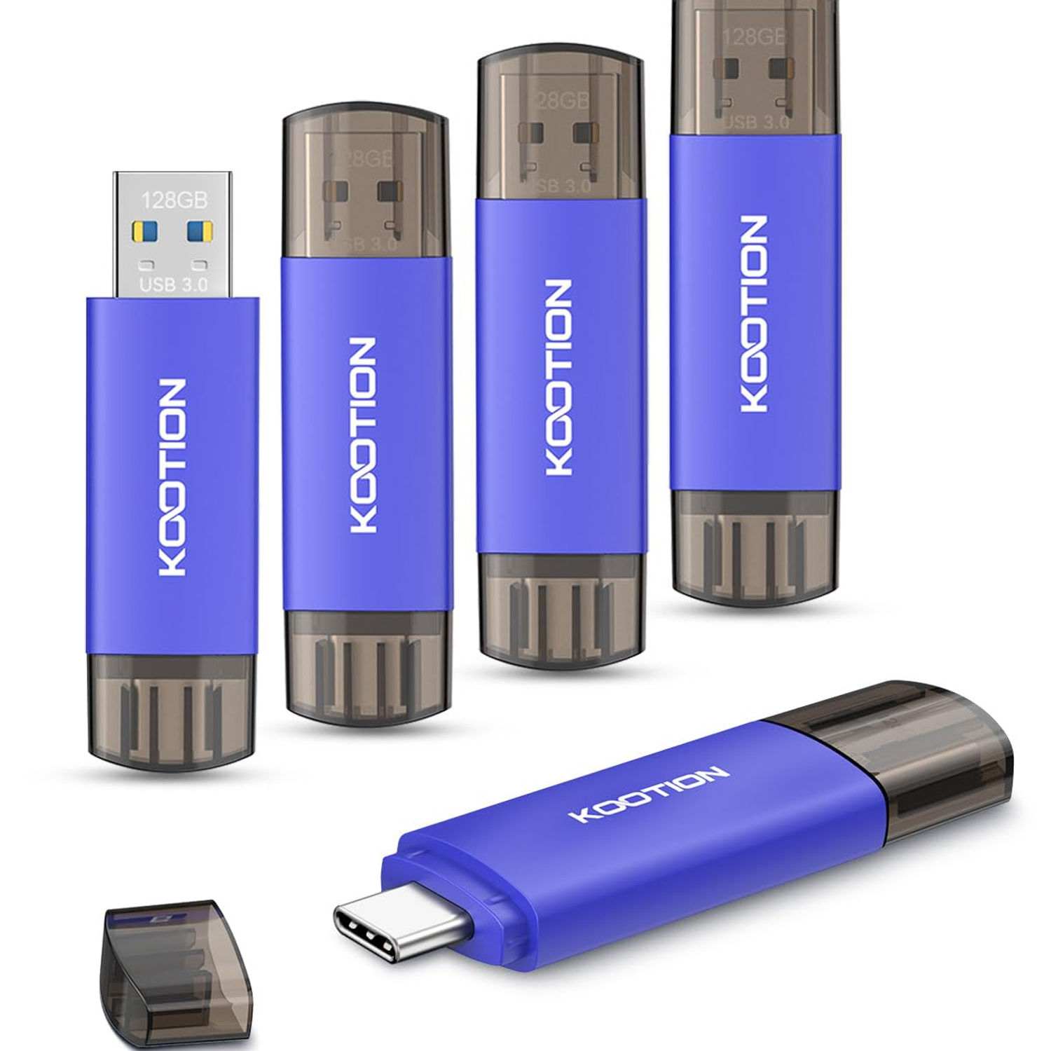 128GB USB C Flash Drive 5-Pack, KOOTION 2-in-1 OTG, Blue, for Smartphone