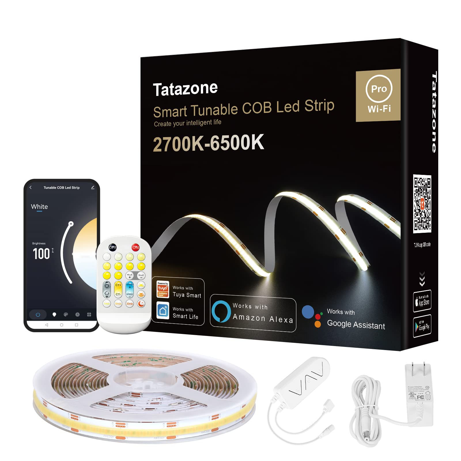 Tatazone Tunable COB Led Strip Kit, CCT 16.4ft Smart Light White COB Led
