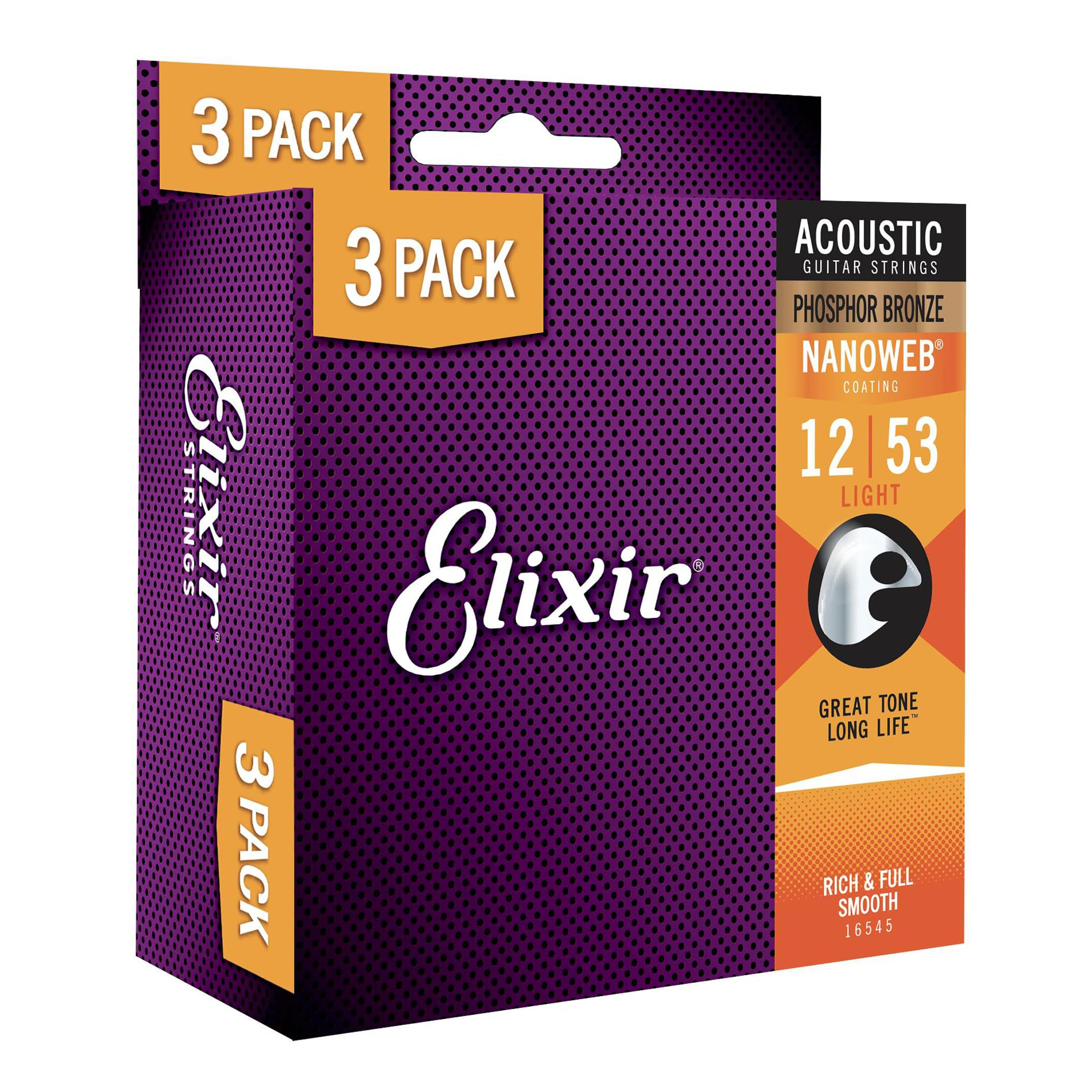 Elixir Acoustic Guitar Strings, Phosphor Bronze, 6-String Set, 3-Pack, Light