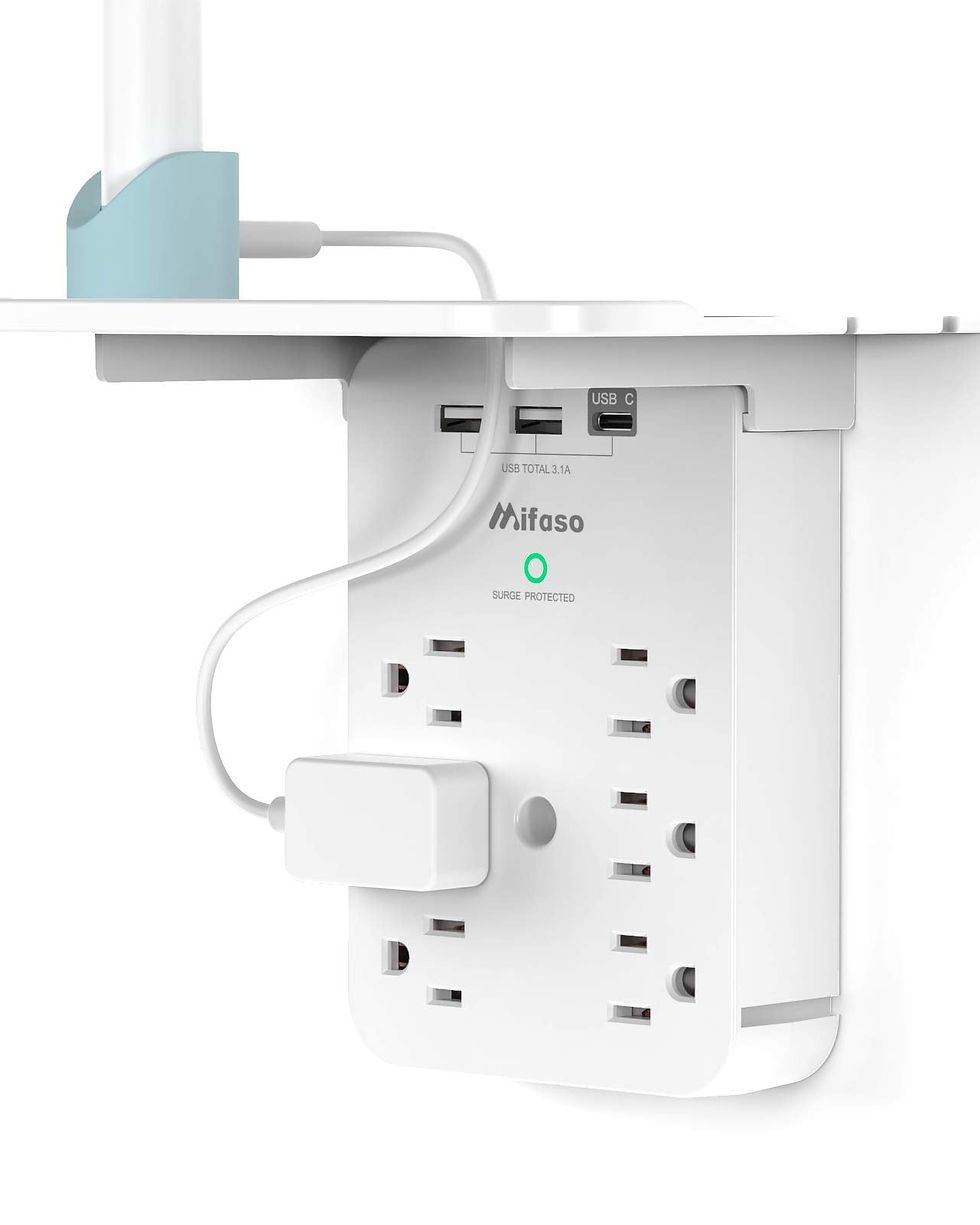 6-Outlet Surge Protector w/ USB & USB-C Charging, Wall Plug, White Shelf