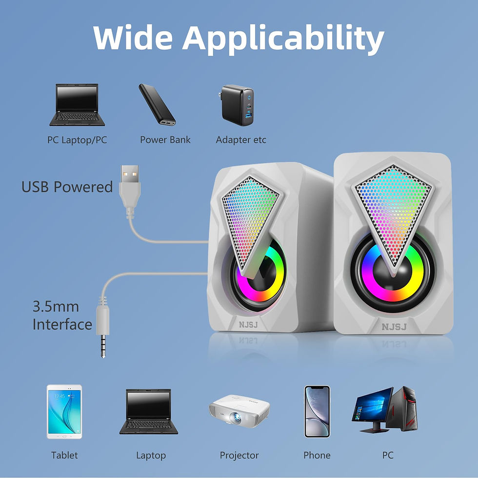 Thumbnail: NJSJ USB-Powered Desktop Speakers w/LED Lights, White, 3.5mm Aux Input