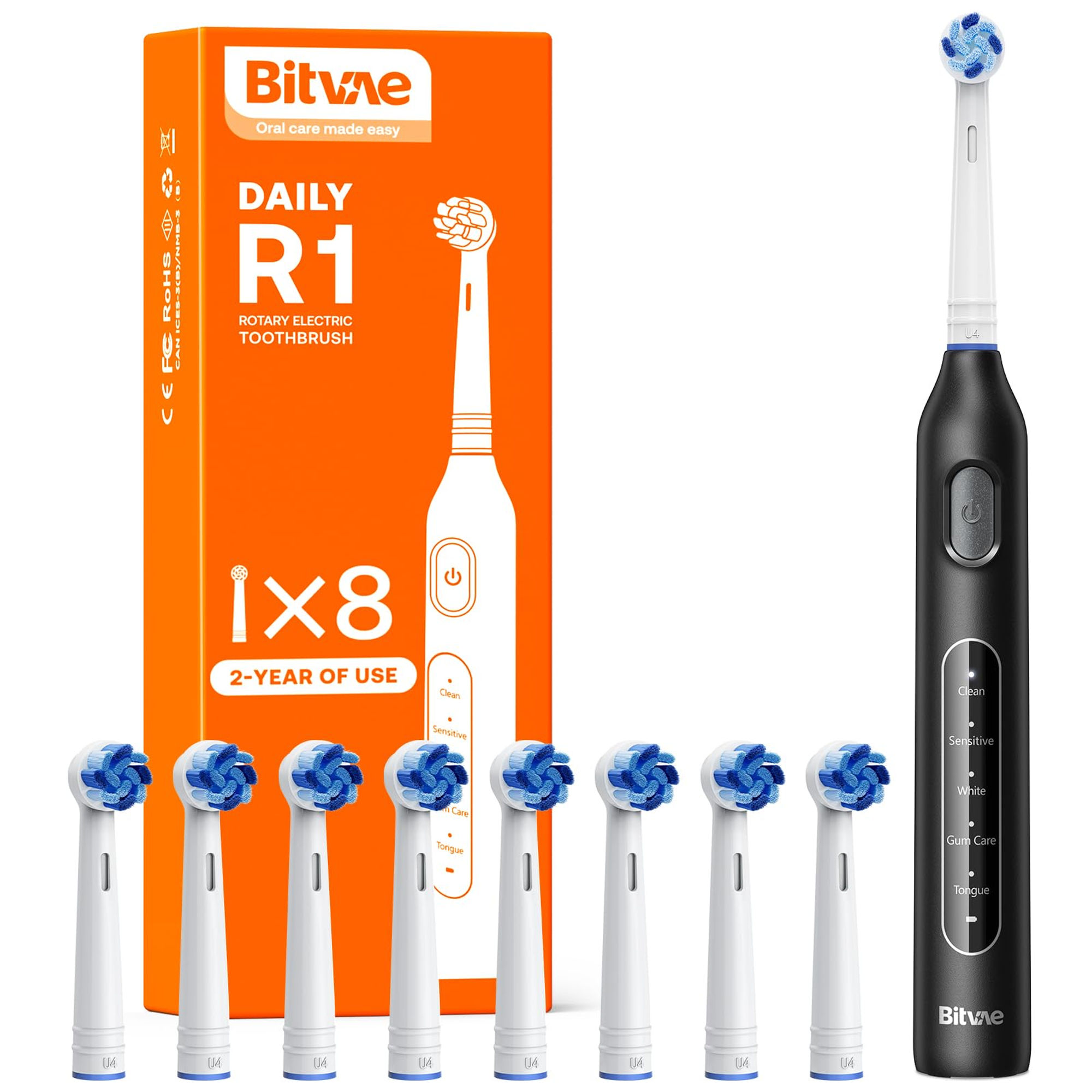 Bitvae R1 Electric Toothbrush, 8 Brush Heads, 5 Modes, Black