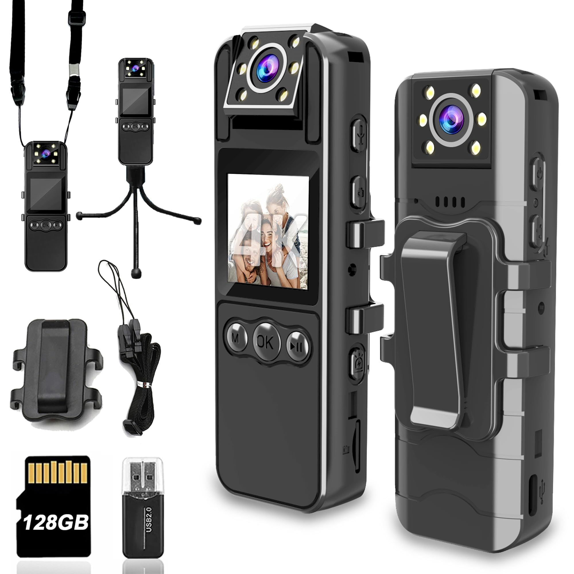 4K Ultra Body Camera, 180° Rotating Lens, 6HR Battery, IR Night Vision (128GB)