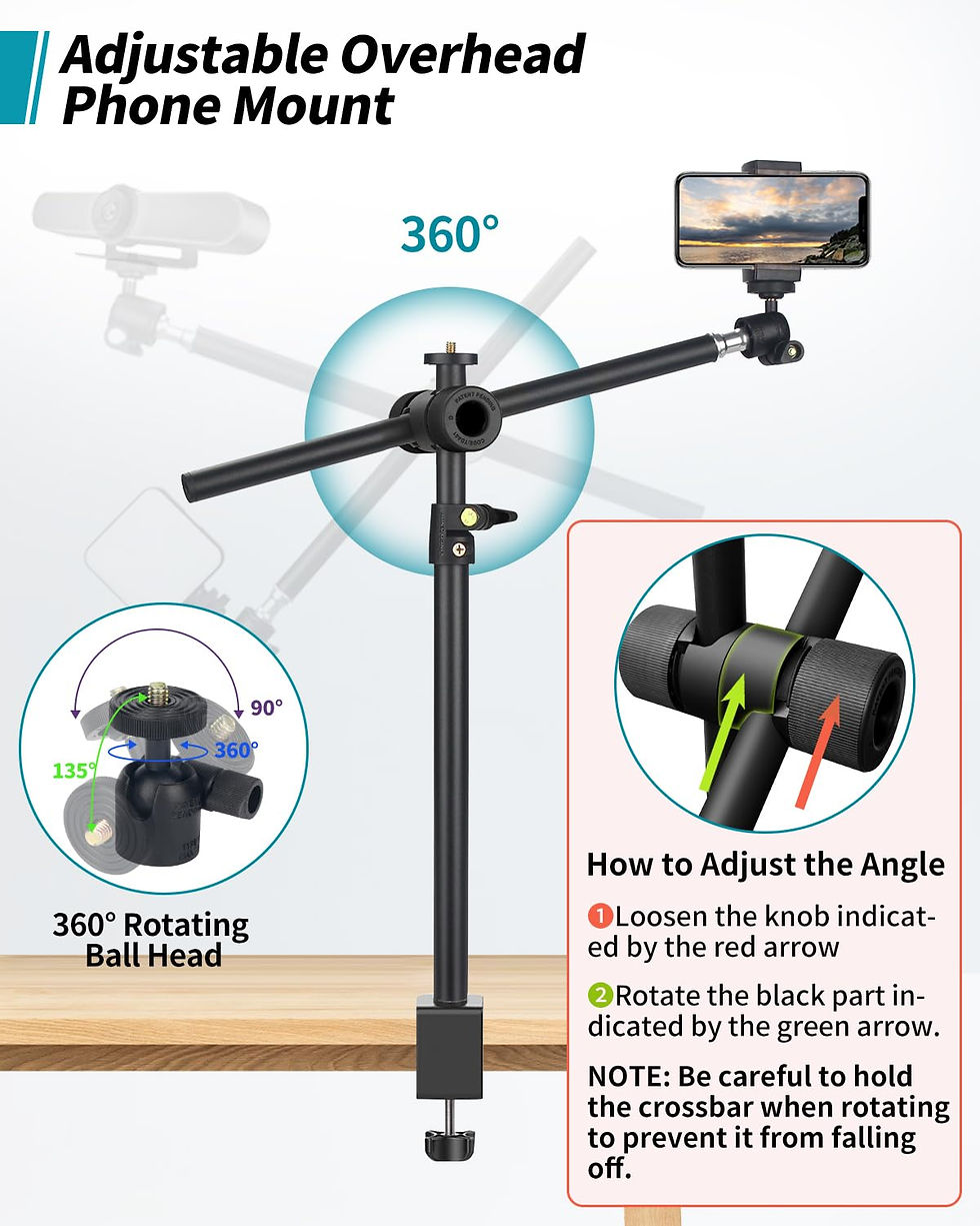 Thumbnail: Overhead Camera Mount, 360° Adjustable Stand for Video, Light & Phone, Black