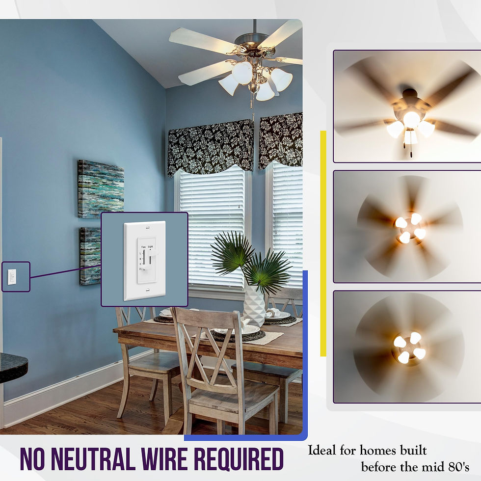 Thumbnail: ENERLITES Speed Fan Control and Switch, Pole 3 Ceiling Dimmer Required, White,