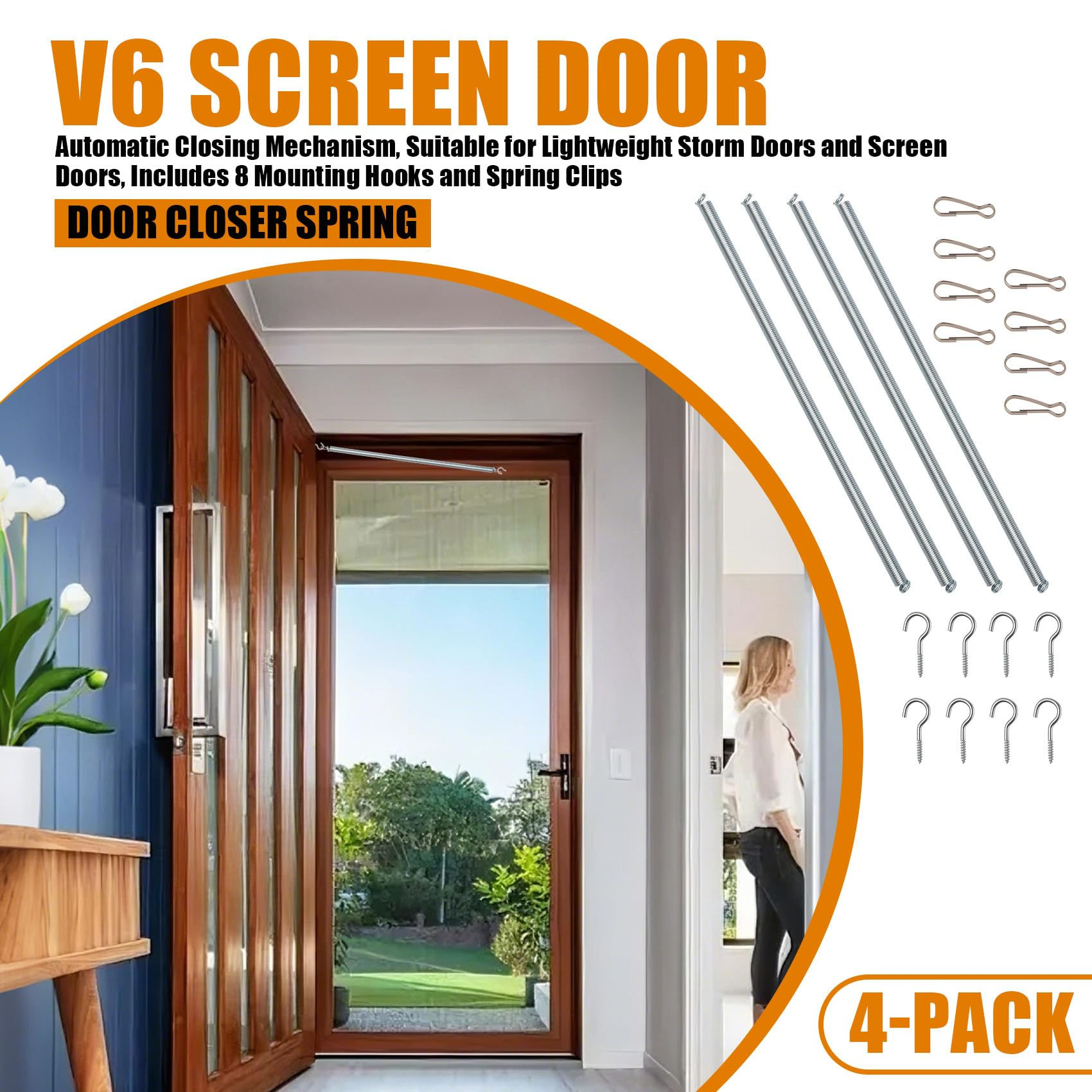 V6 Screen Door Closer Suitable for Doors and Doors, Hooks Clips, Spring, 16x1/2