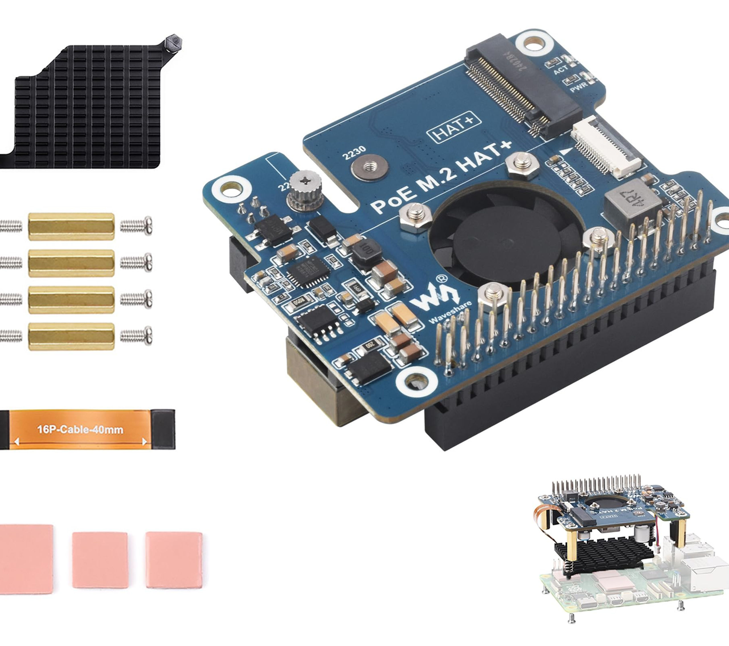 PCIe to M.2 Adapter with PoE HAT, for Raspberry Pi 5, NVMe SSD, Gen2/Gen3 Modes