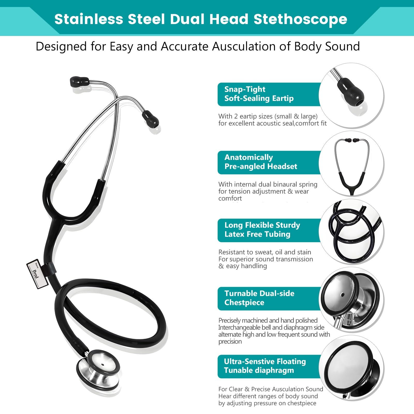 Professional Stethoscope with Eartips for Doctor Nurse Steel Dual-Head