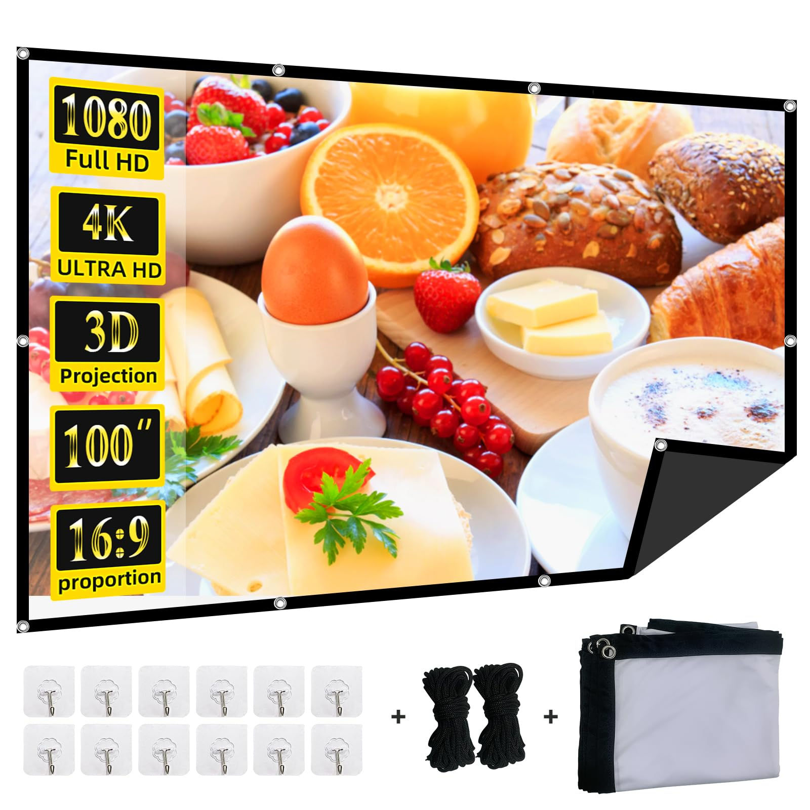XINLEMY 100-inch Projector Screen, Anti-Crease, 4K, Portable, Black