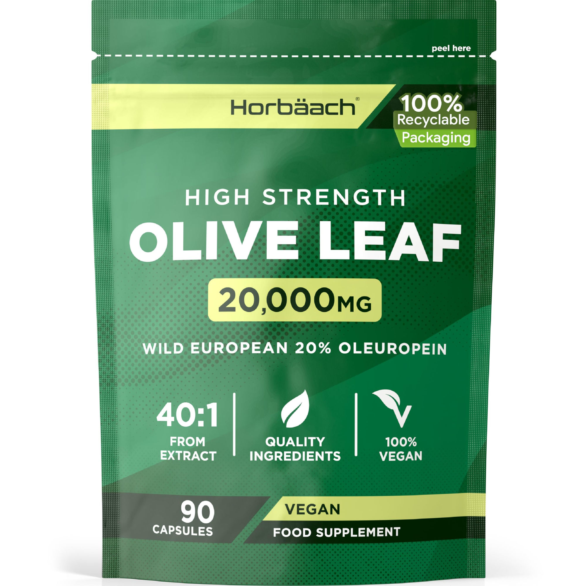 Olive Leaf Extract Capsules 20,000mg, 90 Vegan Capsules by Horbaach