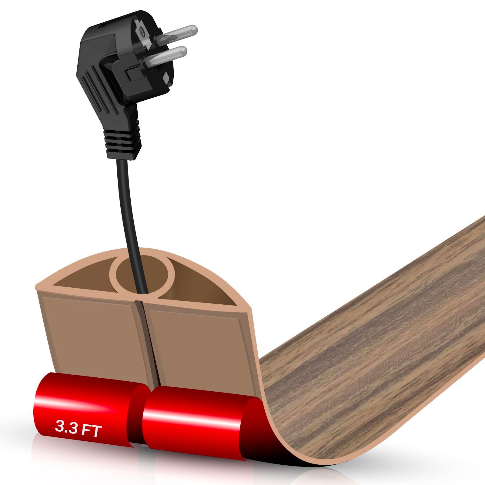 Floor Cord Cover 3.3FT, Self-Adhesive, Wood Brown, 0.39"x0.27" Cable Cavity