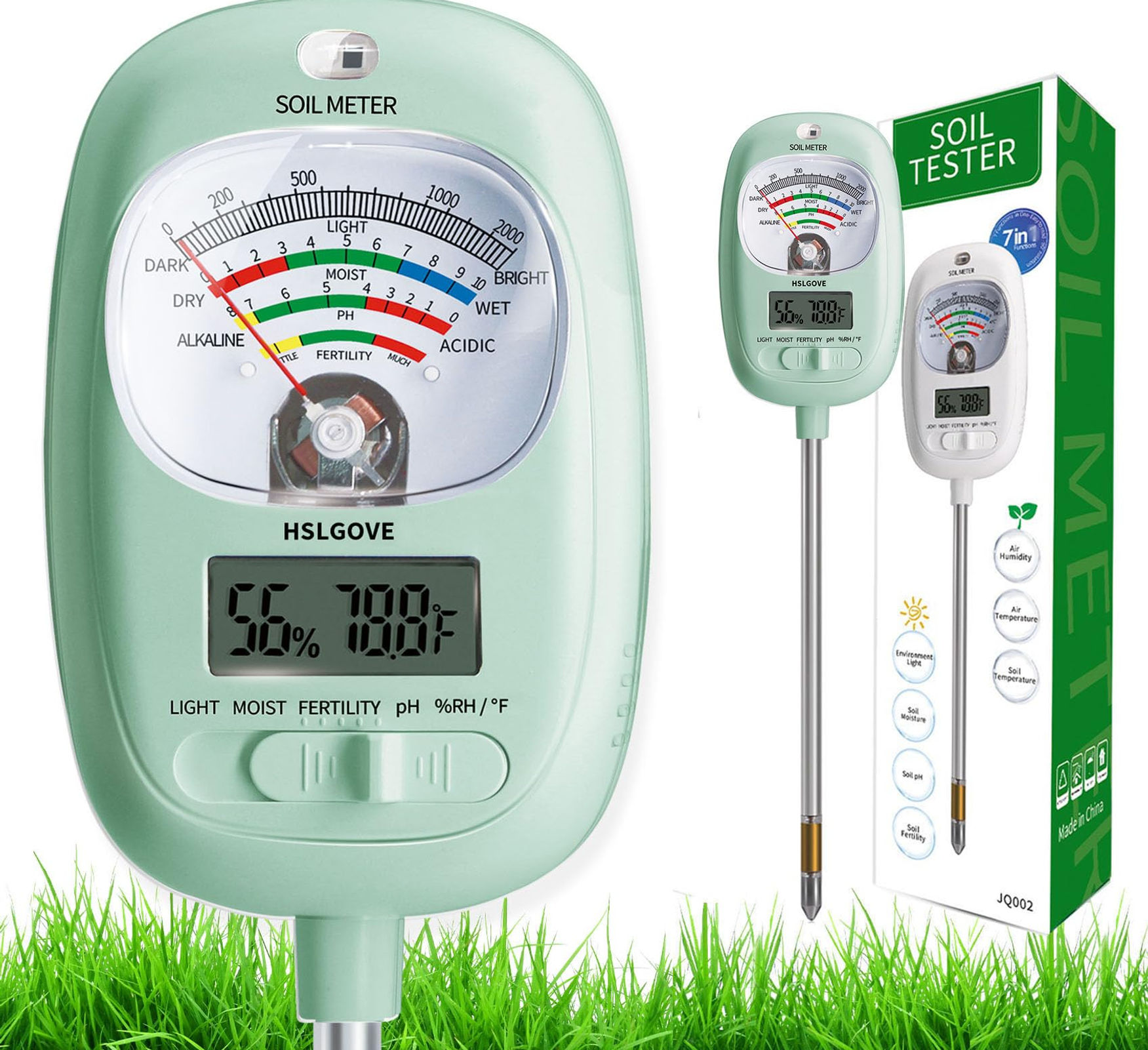 HSLGOVE Soil Test Kit, PH Dual 7-in-One Moisture Meter/Soil Green Screen