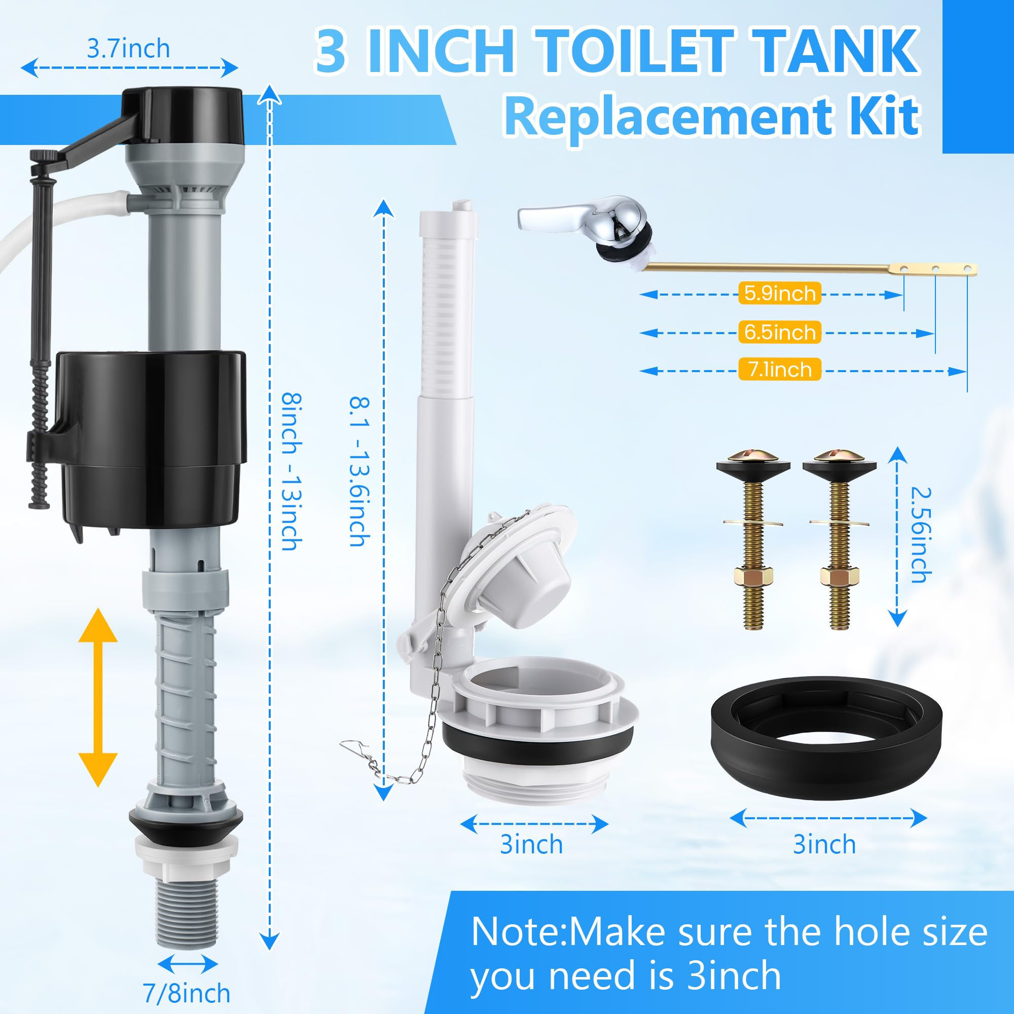 Saillong Toilet Flusher Kit, Adjustable Flush Valve with Flapper, Fill Valve,