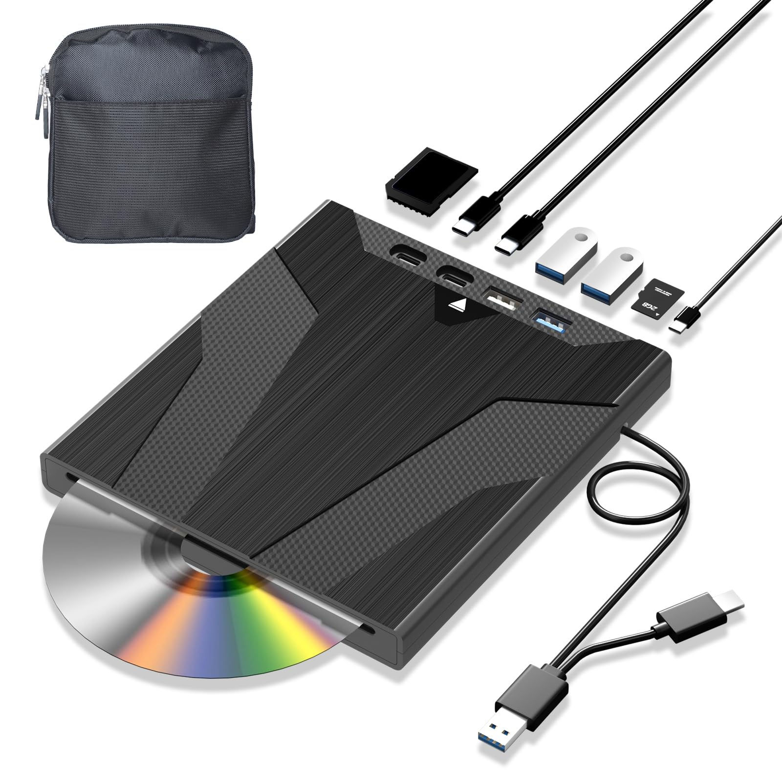 8-in-1 External CD/DVD Drive for Laptop, Portable USB-A USB-C Burner