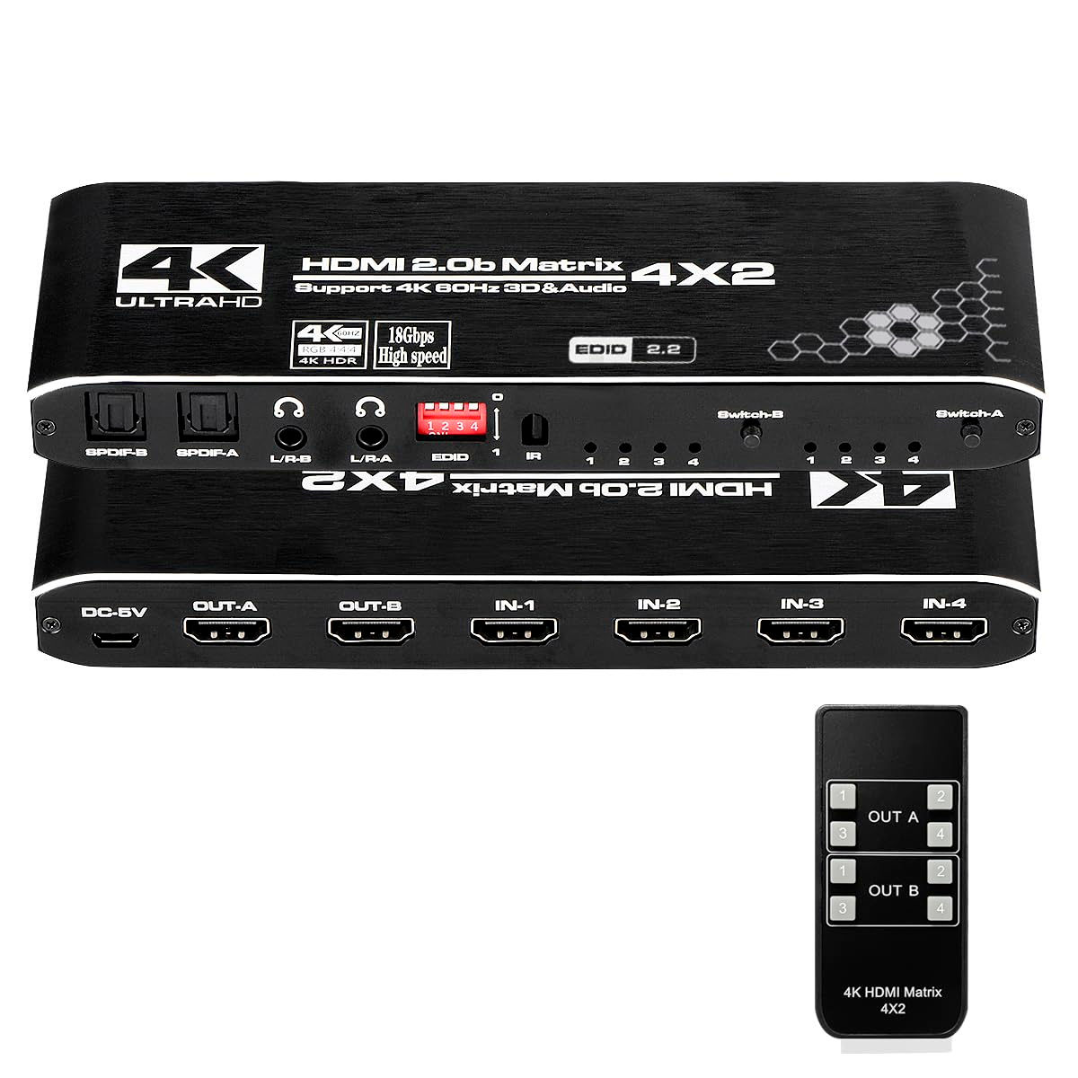 HDMI Switch Switcher Splitter Out Box with Matrix 4x2, 4K Black EDID Extractor