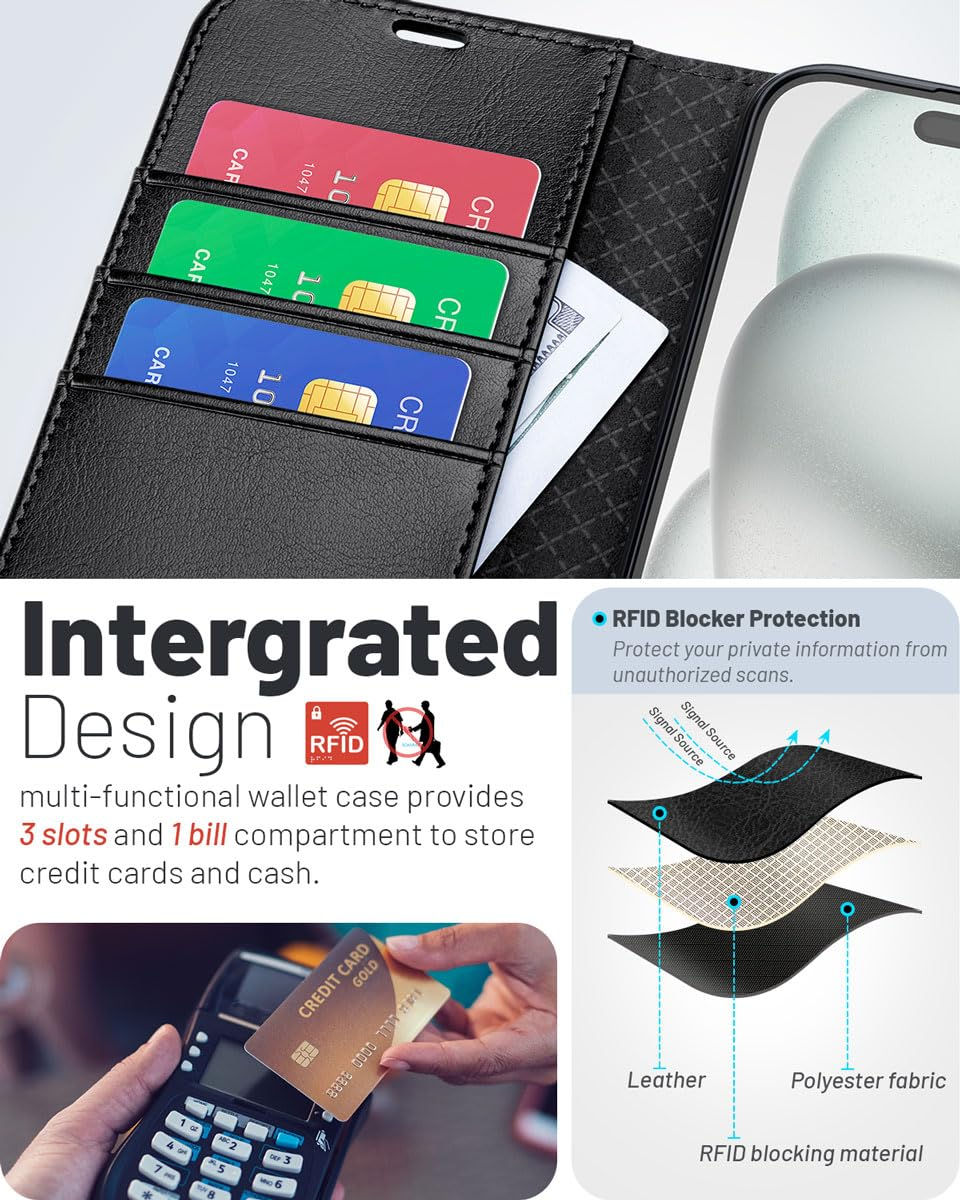 Thumbnail: OCASE iPhone 16 Pro Wallet Case 6.3 Inch Black PU Leather Flip with Card Holders