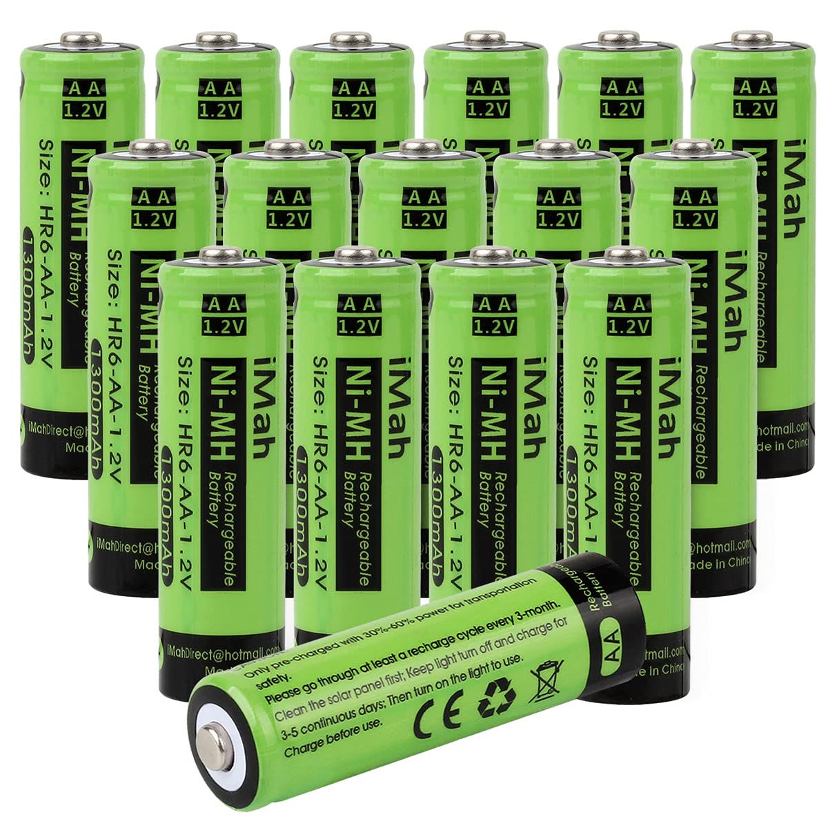 iMah 16-Pack 1.2V AA Rechargeable Batteries for Solar Lights, 1300mAh