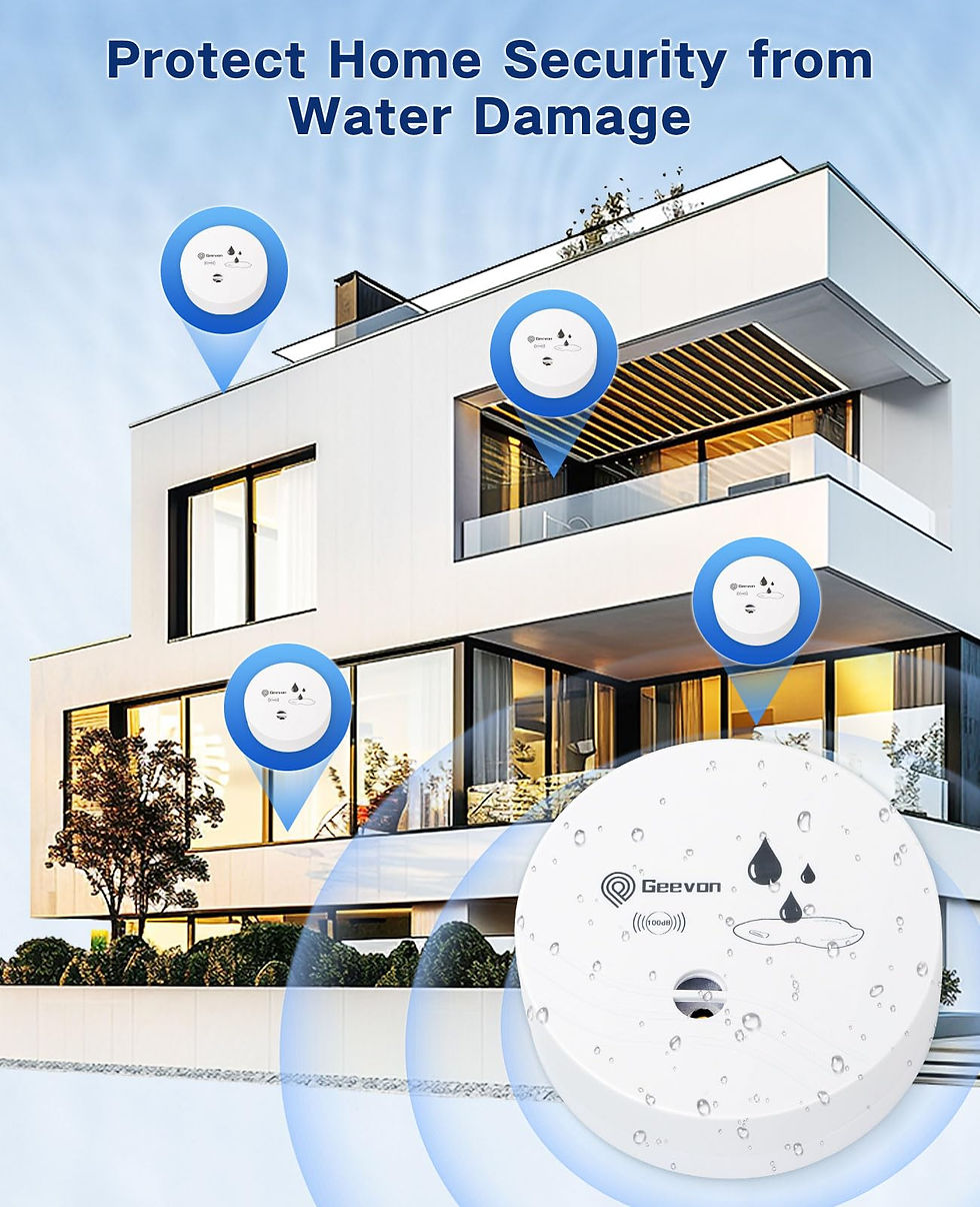 Thumbnail: Geevon Water Leak Detectors, Sensor Flood 4 Pack 100dB White Detector for