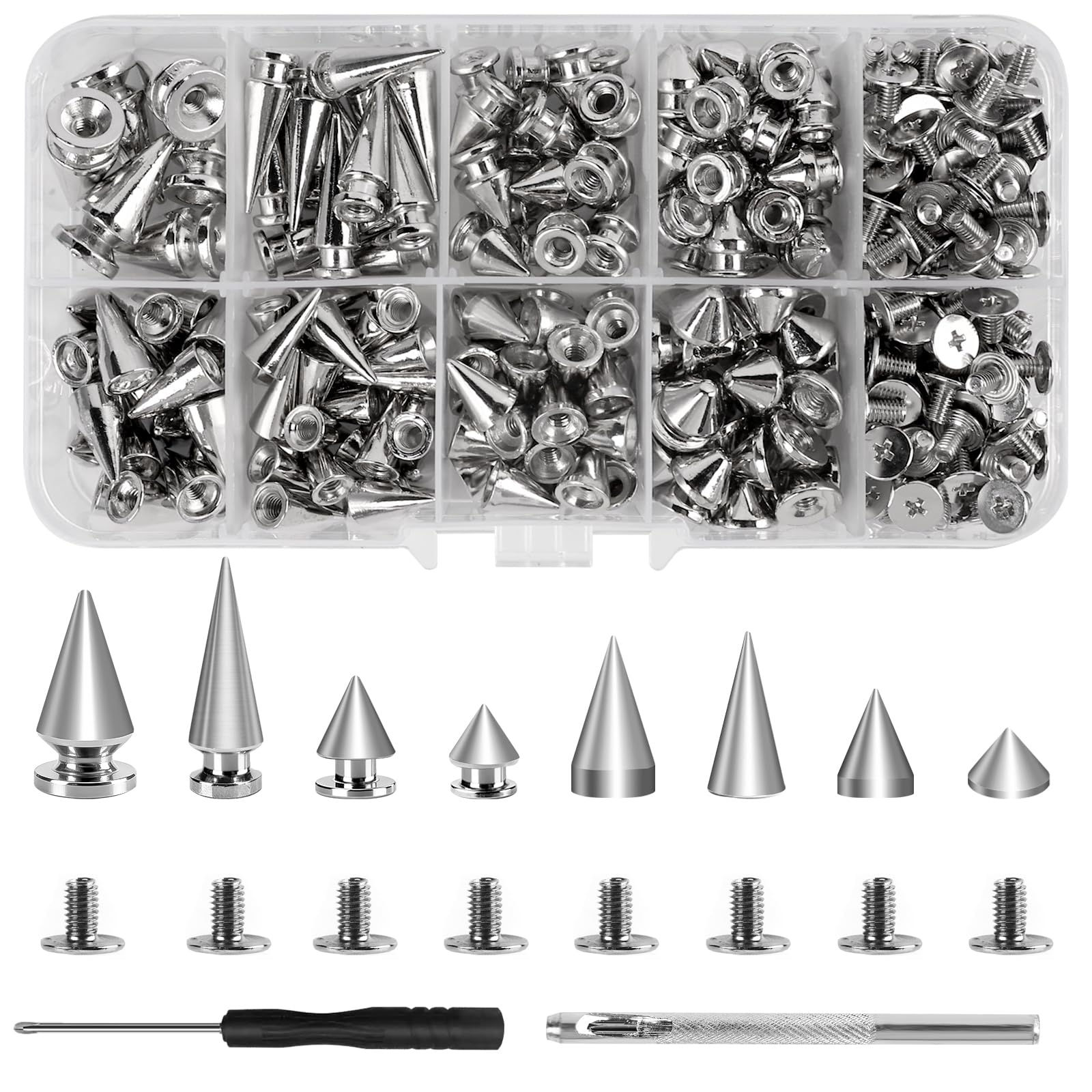 364 Pcs Punk Spikes and Studs Kit, Sizes Cone Rivets for DIY 8 Metal Clothing